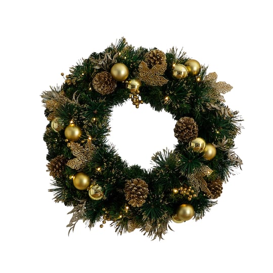 24in. Pre-Lit Artificial Golden Frosted Christmas Wreath W/ 50 Warm White LED Lights Pinecones, Berries, Ornaments By Nearly Natural , 24" x 6" x 24"